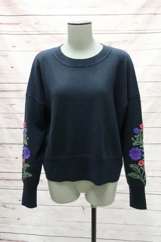 Autumn Cashmere Sweater Navy Floral-Embroidered Pullover Size Extra Small NEW