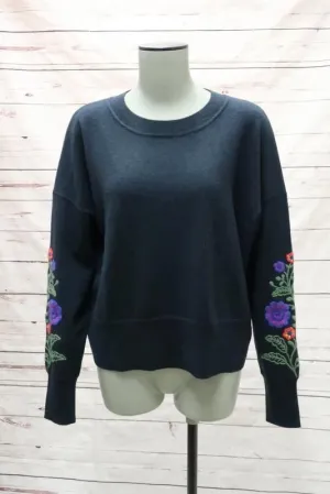 Autumn Cashmere Sweater Navy Floral-Embroidered Pullover Size Extra Small NEW