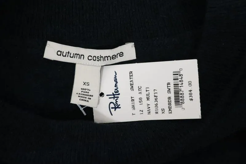 Autumn Cashmere Sweater Navy Floral-Embroidered Pullover Size Extra Small NEW