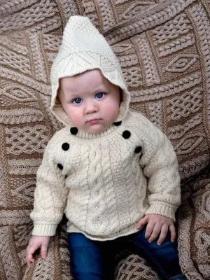 Baby's Aran Cable Fisherman Hooded Sweater with Side Buttons