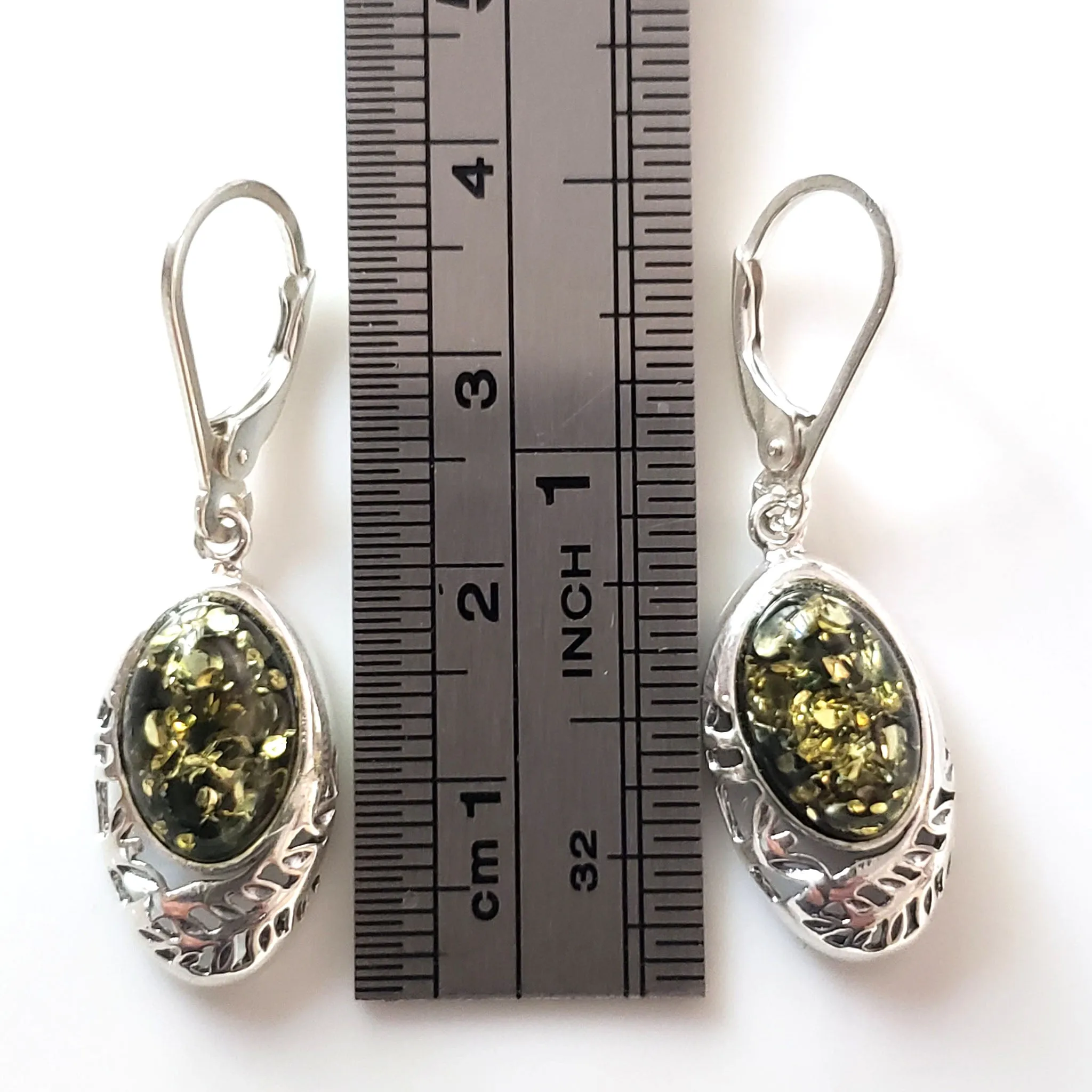 Baltic Green Amber with Filigree Sterling Silver Earrings