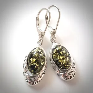 Baltic Green Amber with Filigree Sterling Silver Earrings