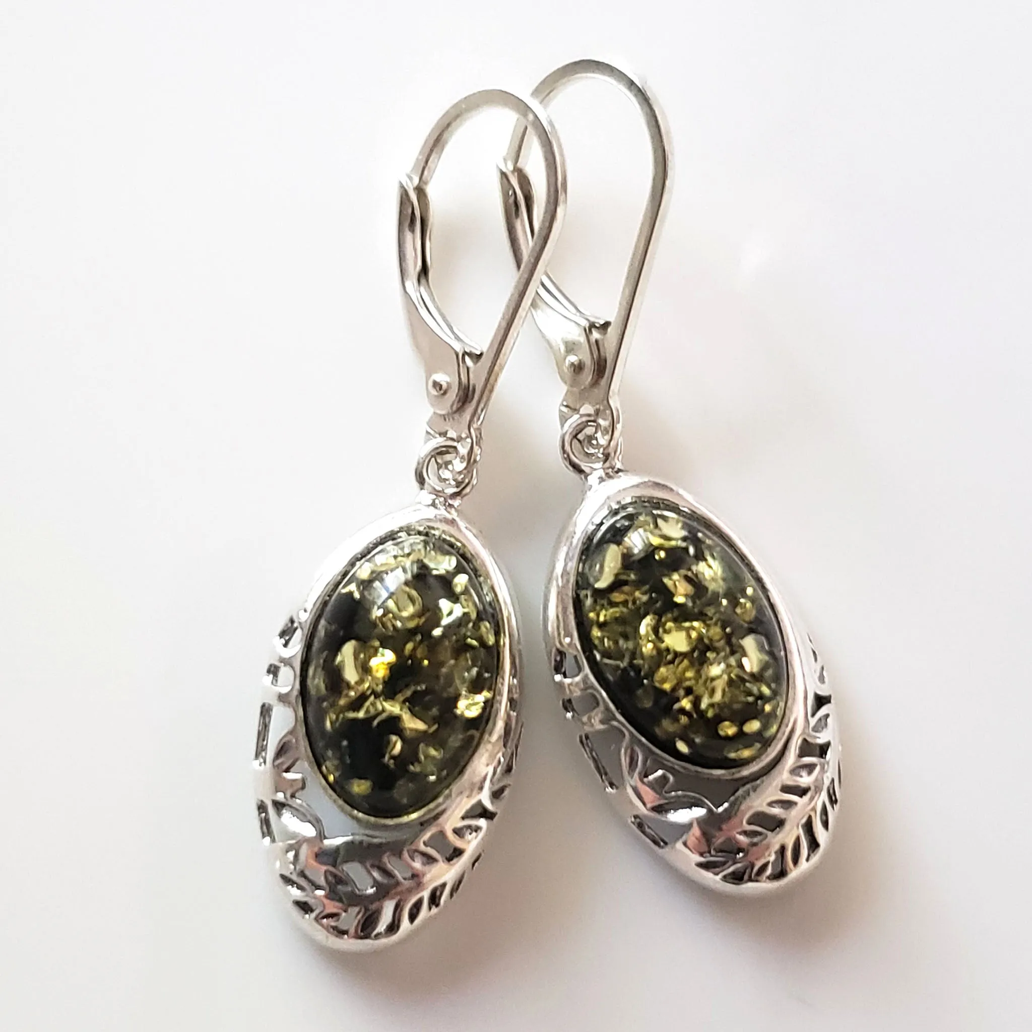 Baltic Green Amber with Filigree Sterling Silver Earrings