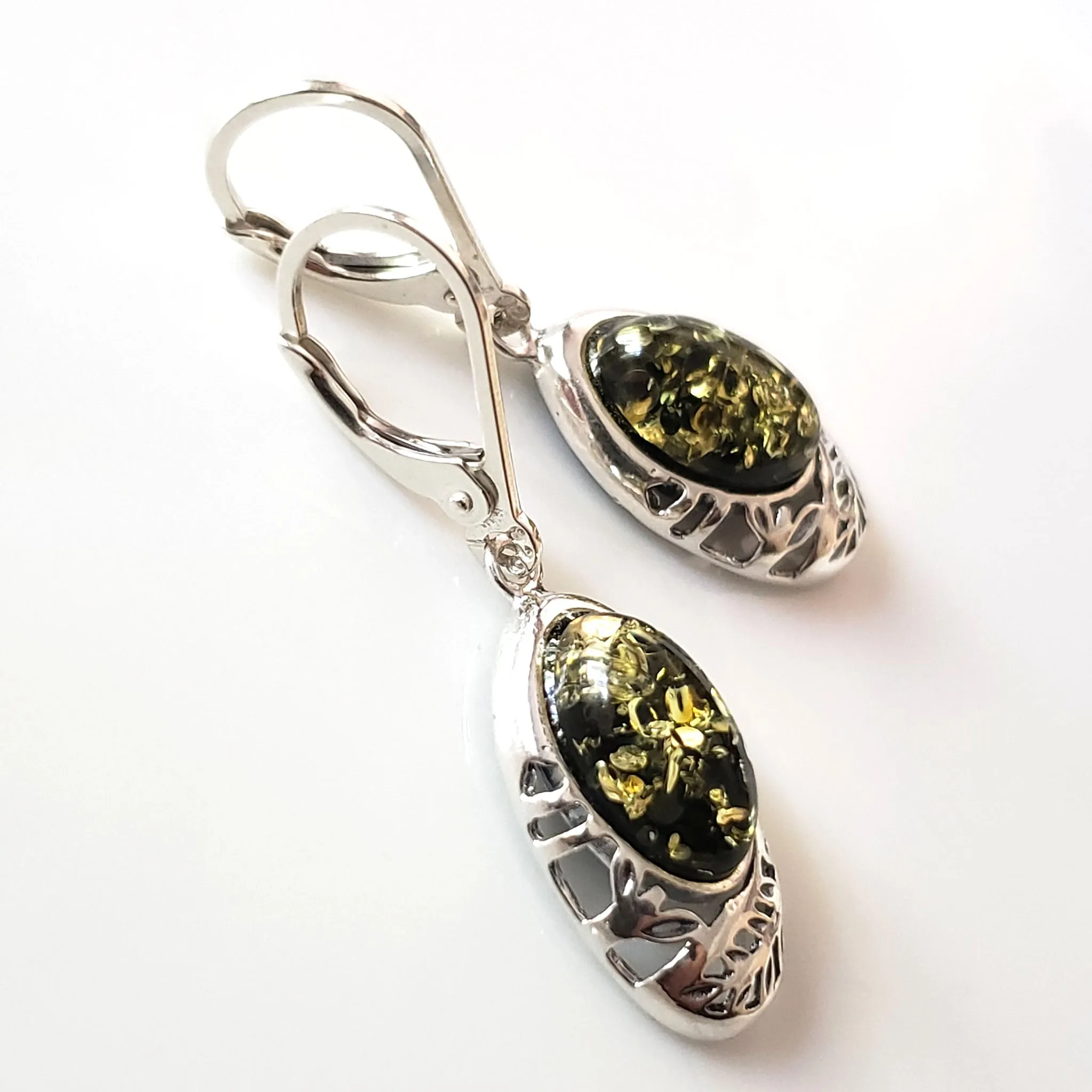 Baltic Green Amber with Filigree Sterling Silver Earrings
