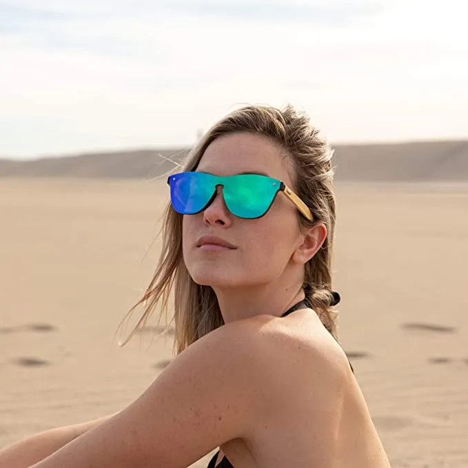 Bamboo Wood Sunglasses for Men and Women, Flat Mirror Wooden Sunglasses, Green / Blue Mirror