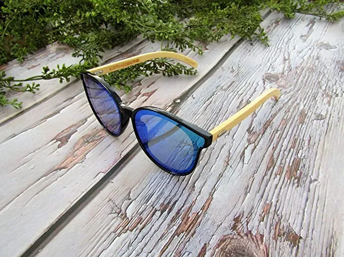 Bamboo Wood Sunglasses for Men and Women, Flat Rimmed Retro Wooden Sunglasses