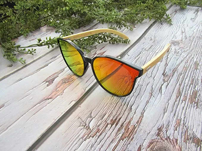 Bamboo Wood Sunglasses for Men and Women, Flat Rimmed Retro Wooden Sunglasses
