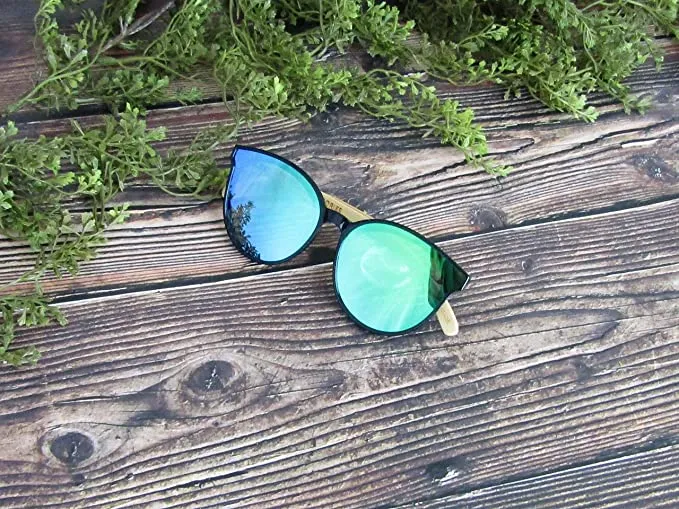 Bamboo Wood Sunglasses for Men and Women, Flat Rimmed Retro Wooden Sunglasses