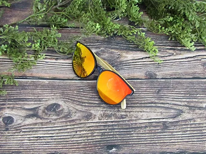 Bamboo Wood Sunglasses for Men and Women, Flat Rimmed Retro Wooden Sunglasses