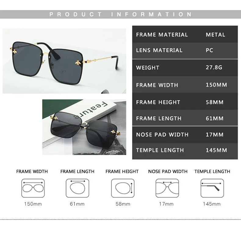 Bee Womens Square Sunglasses/Oversize Rimless Sunglasses Women