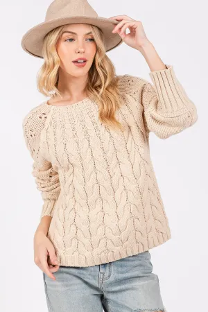 Beige Cable-Knit Long Sleeve Sweater