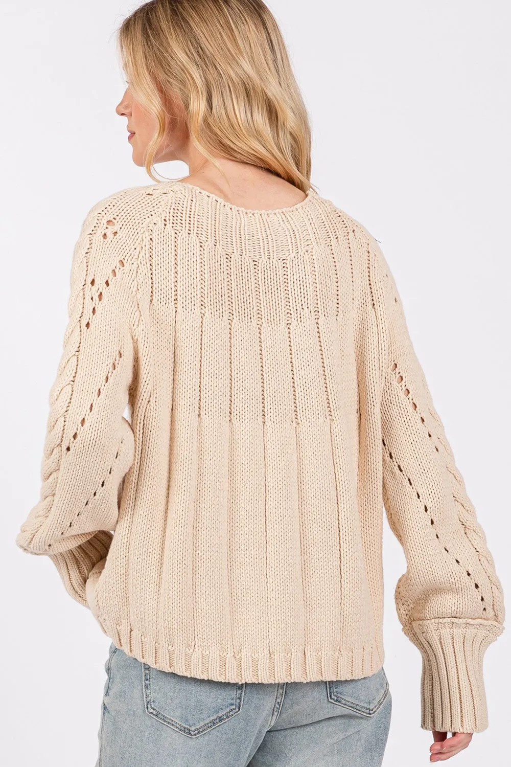 Beige Cable-Knit Long Sleeve Sweater