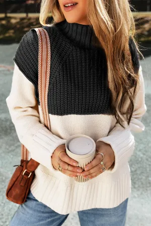 Black Cable Knit Color Block Side Splits Mock Neck Sweater