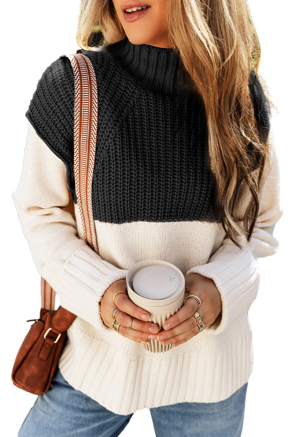 Black Cable Knit Color Block Side Splits Mock Neck Sweater