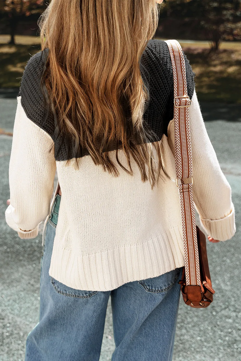 Black Cable Knit Color Block Side Splits Mock Neck Sweater
