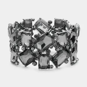 Black Diamond Offset Rectangle Crystal Stretch Evening Bracelet | Chunky Bracelet |  623703