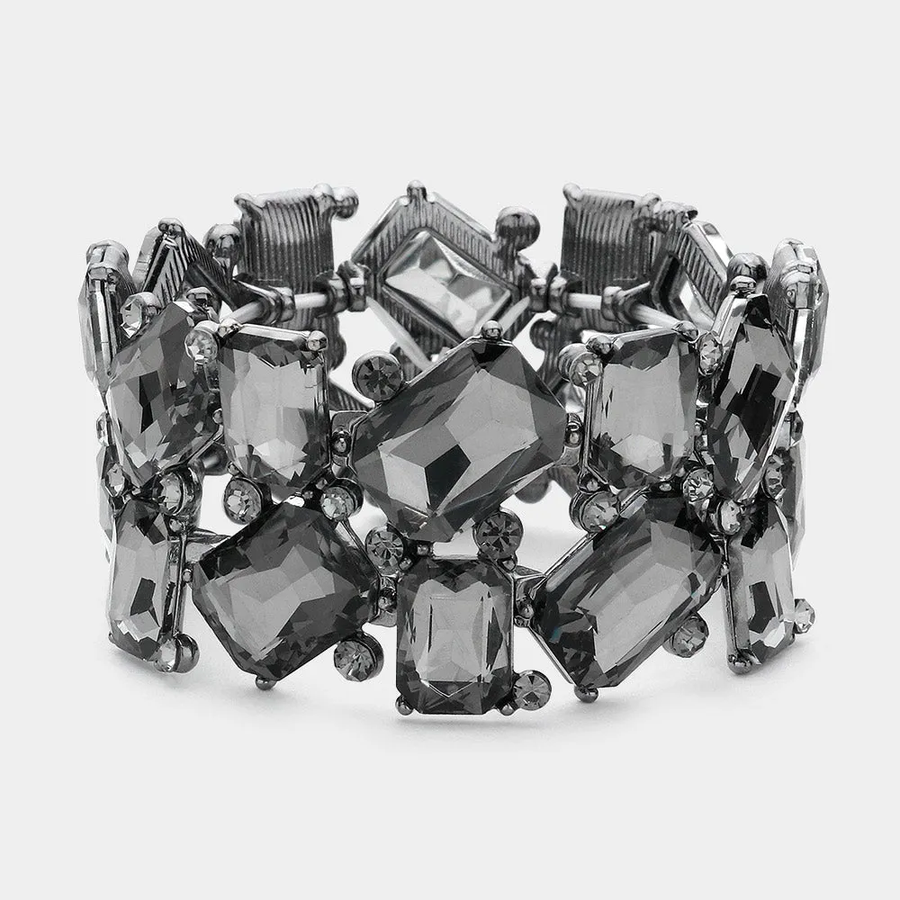 Black Diamond Offset Rectangle Crystal Stretch Evening Bracelet | Chunky Bracelet |  623703