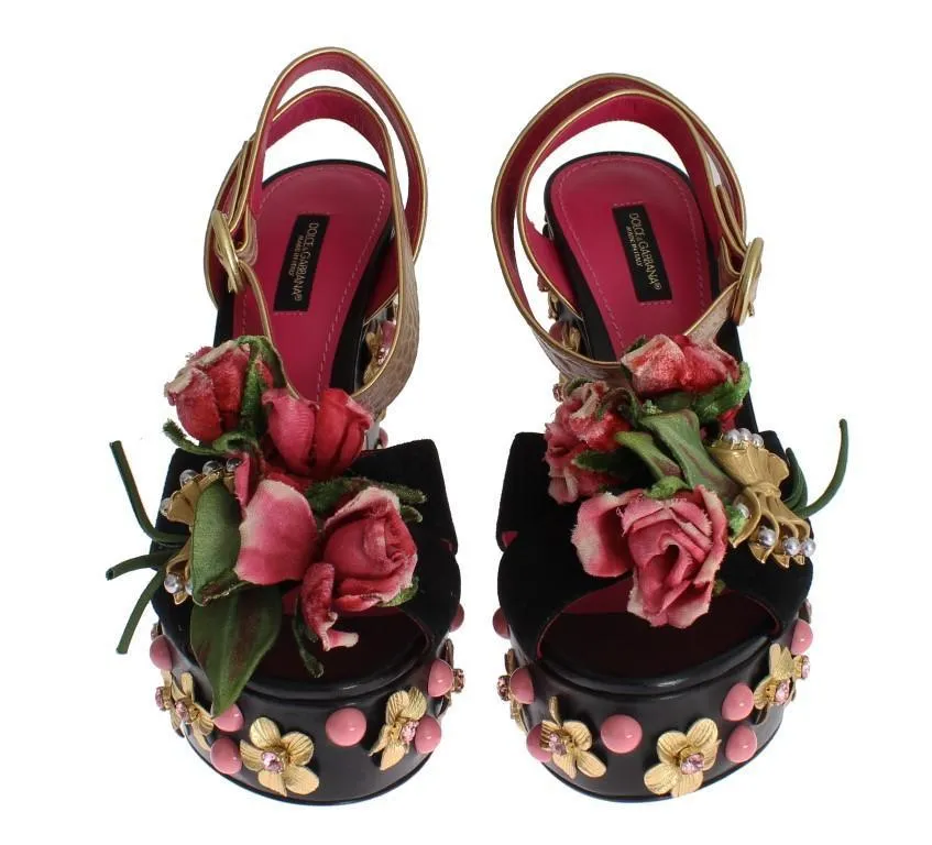 Black Leather Floral Crystal Platform Shoes