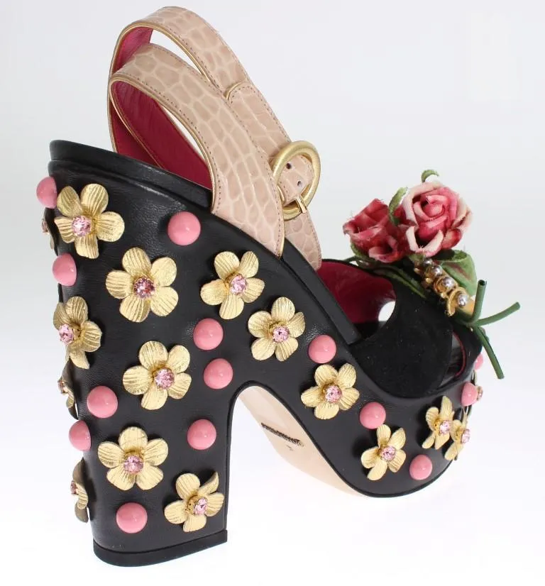 Black Leather Floral Crystal Platform Shoes