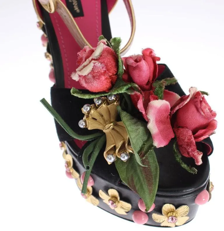 Black Leather Floral Crystal Platform Shoes