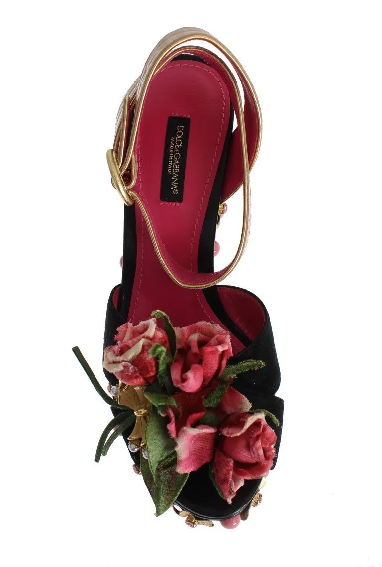 Black Leather Floral Crystal Platform Shoes