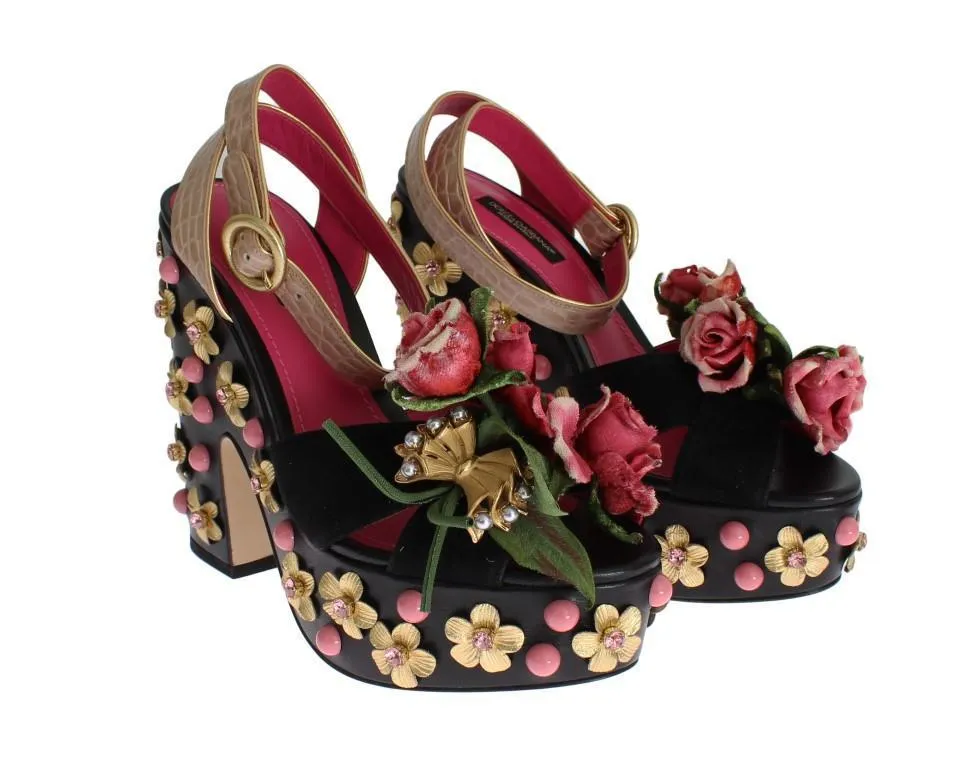 Black Leather Floral Crystal Platform Shoes