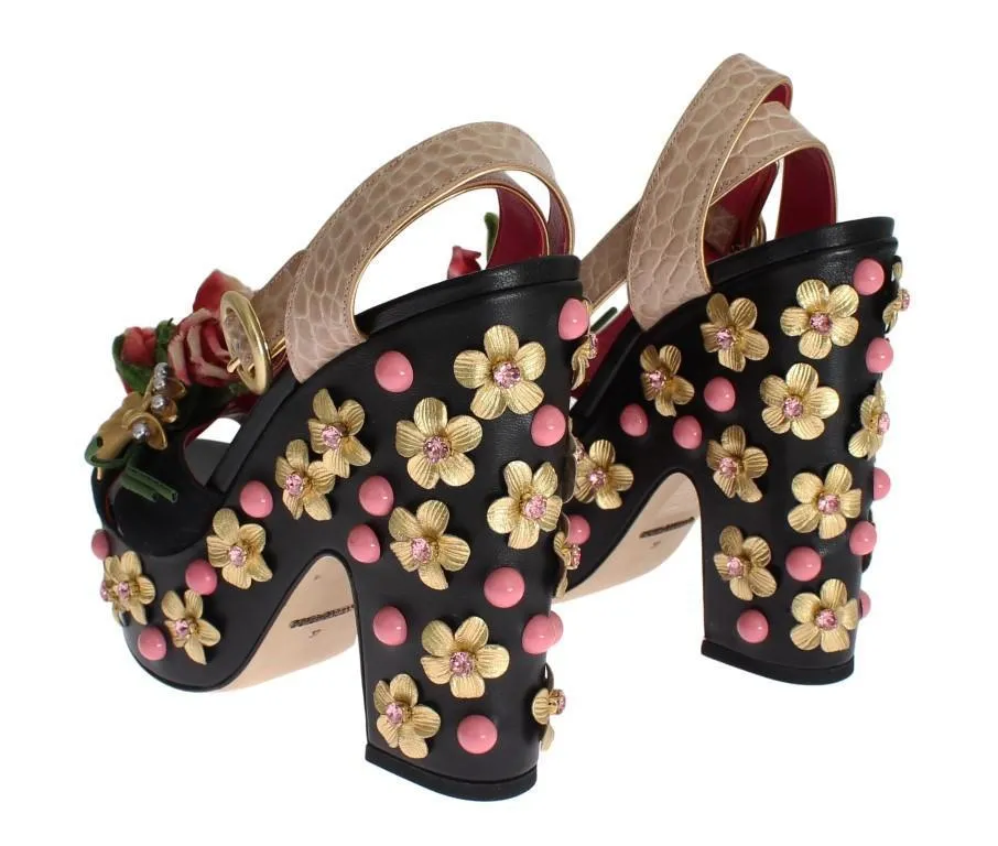 Black Leather Floral Crystal Platform Shoes