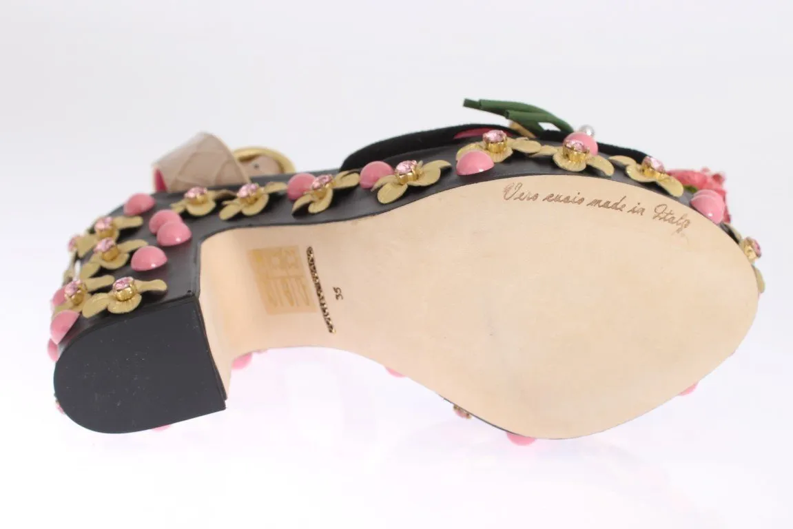 Black Leather Floral Crystal Platform Shoes