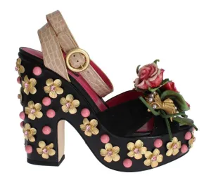 Black Leather Floral Crystal Platform Shoes