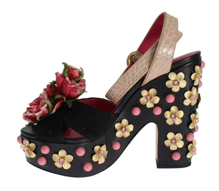Black Leather Floral Crystal Platform Shoes