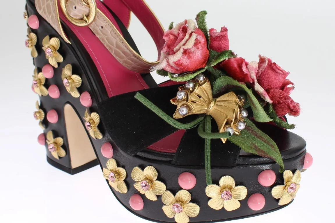 Black Leather Floral Crystal Platform Shoes