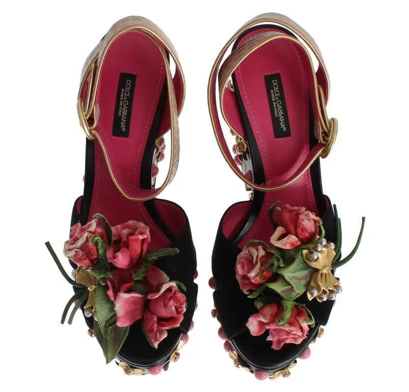 Black Leather Floral Crystal Platform Shoes