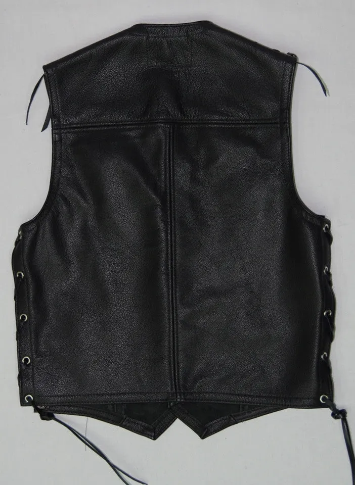 Black leather mens vest with laced sides and shoulders, two front pockets.