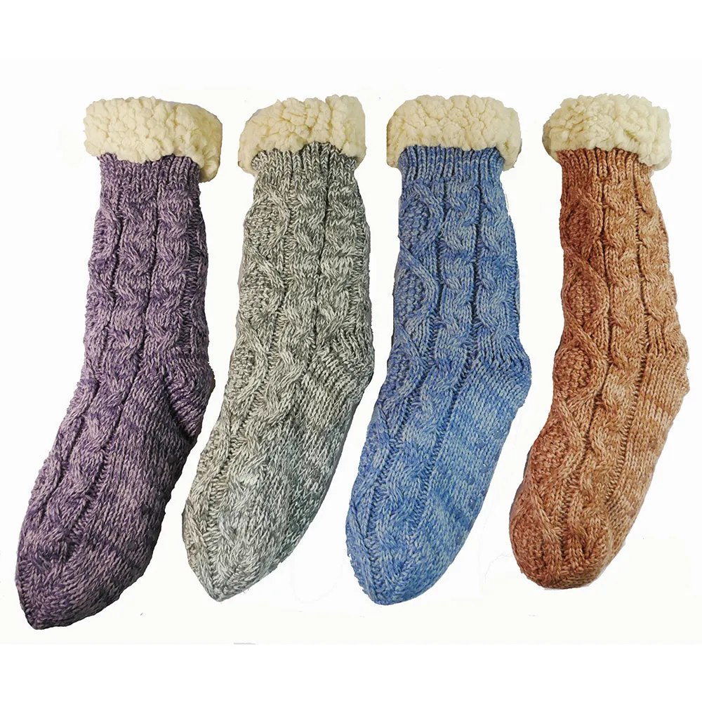 Blue fleece lined cable knit slipper socks