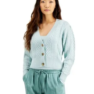 Blue INC International Concepts Cable Knit Cropped Button Cardigan Sweater (NWT)