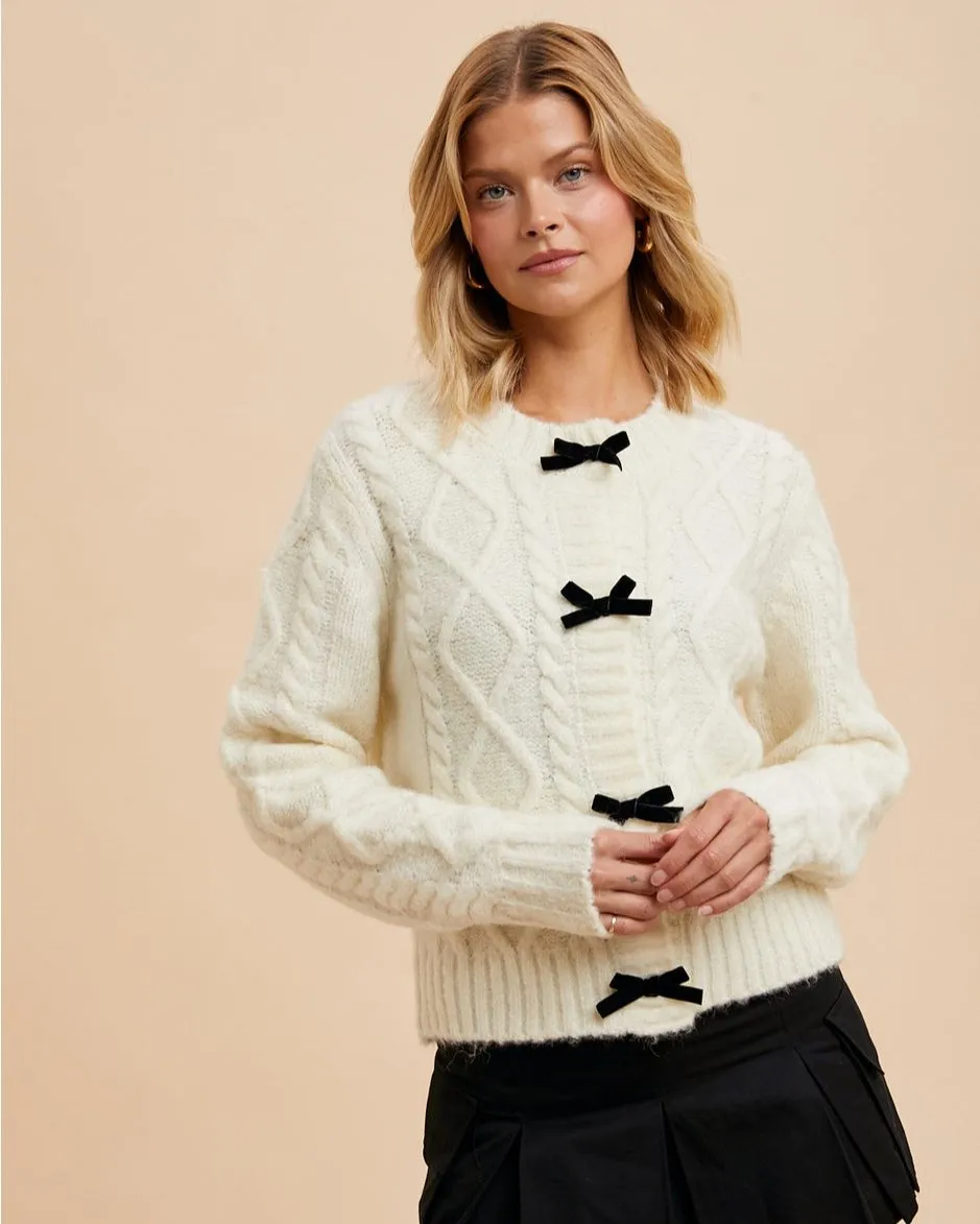 Bow Accent Cable Knit Cardigan