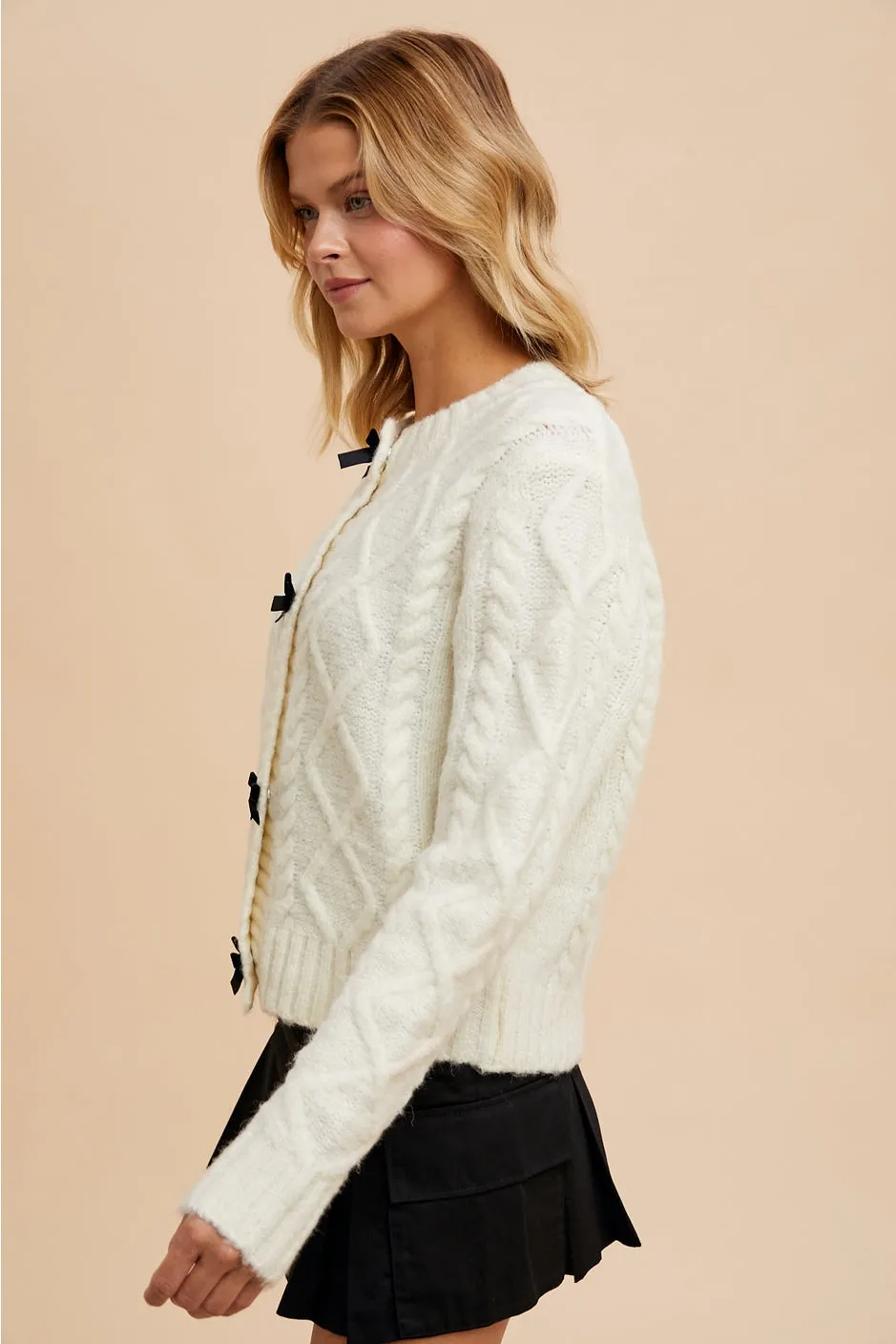 Bow Accent Cable Knit Cardigan