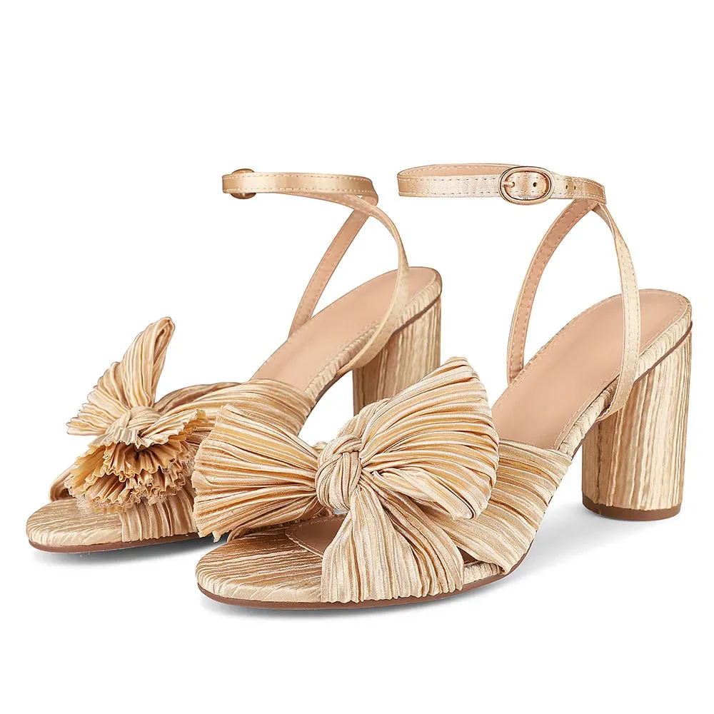 Bowknot EHigh Heel Sandal Ankle Strap Open Toe Round Heel Buckle Strap