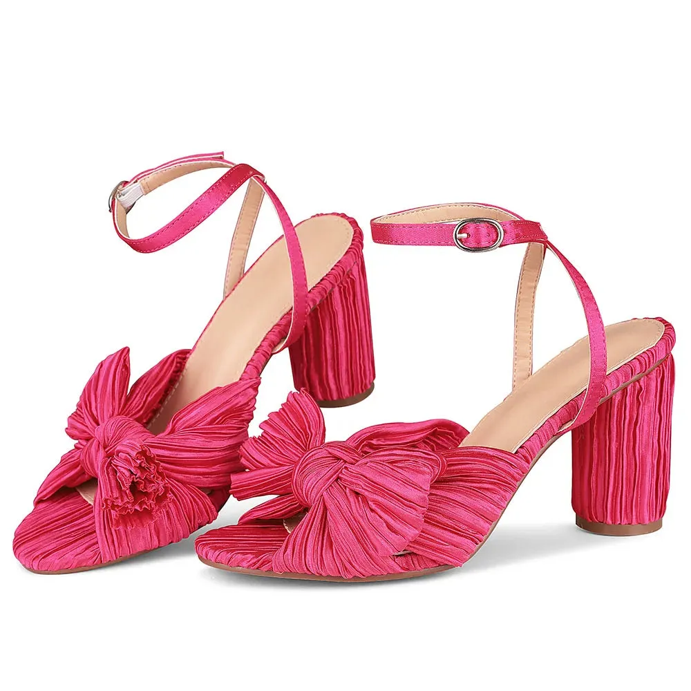 Bowknot EHigh Heel Sandal Ankle Strap Open Toe Round Heel Buckle Strap