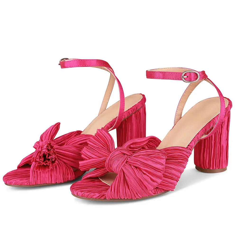 Bowknot EHigh Heel Sandal Ankle Strap Open Toe Round Heel Buckle Strap