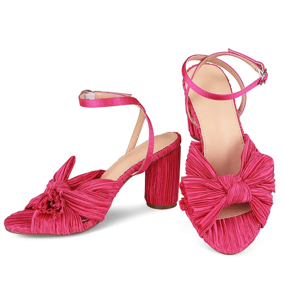 Bowknot EHigh Heel Sandal Ankle Strap Open Toe Round Heel Buckle Strap