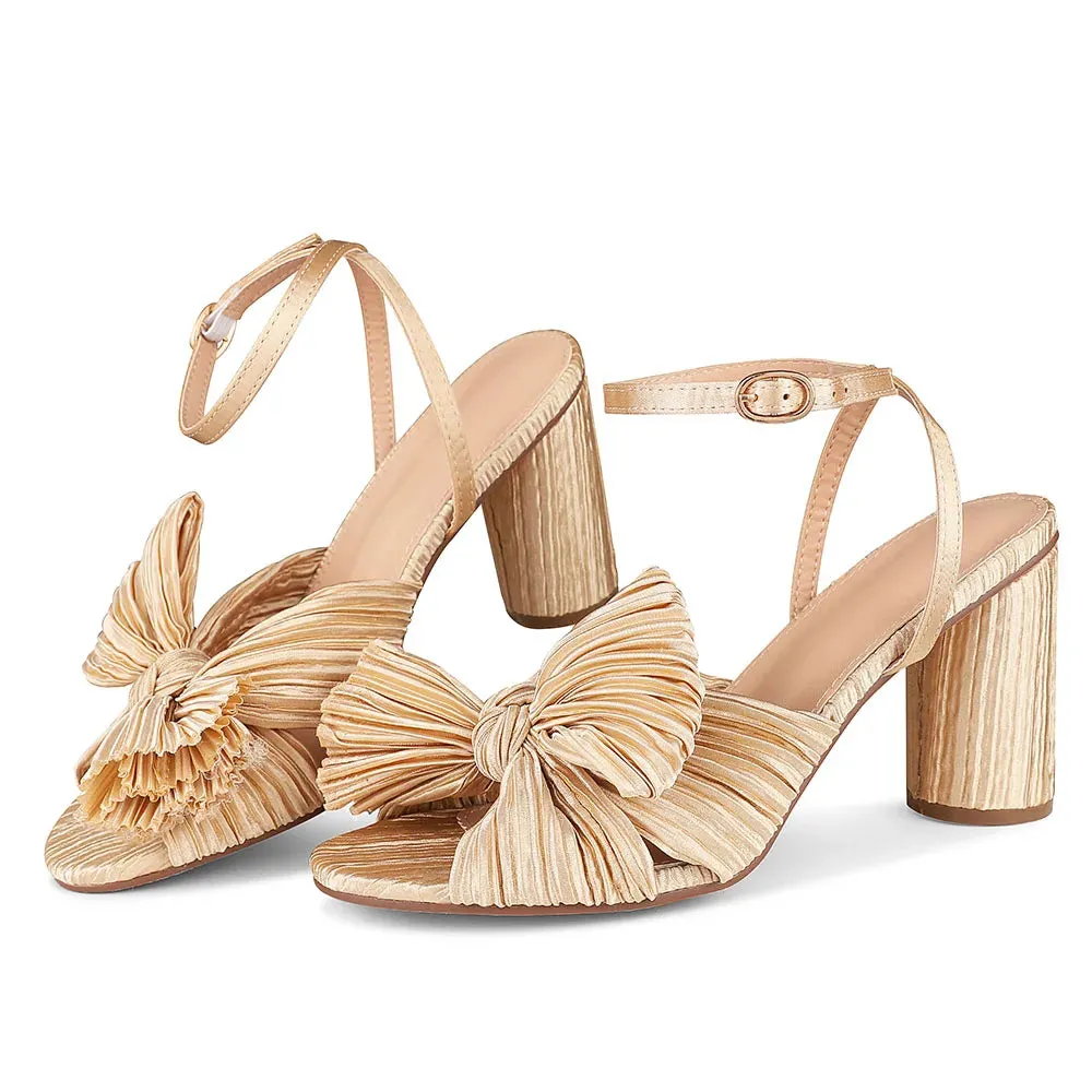 Bowknot EHigh Heel Sandal Ankle Strap Open Toe Round Heel Buckle Strap