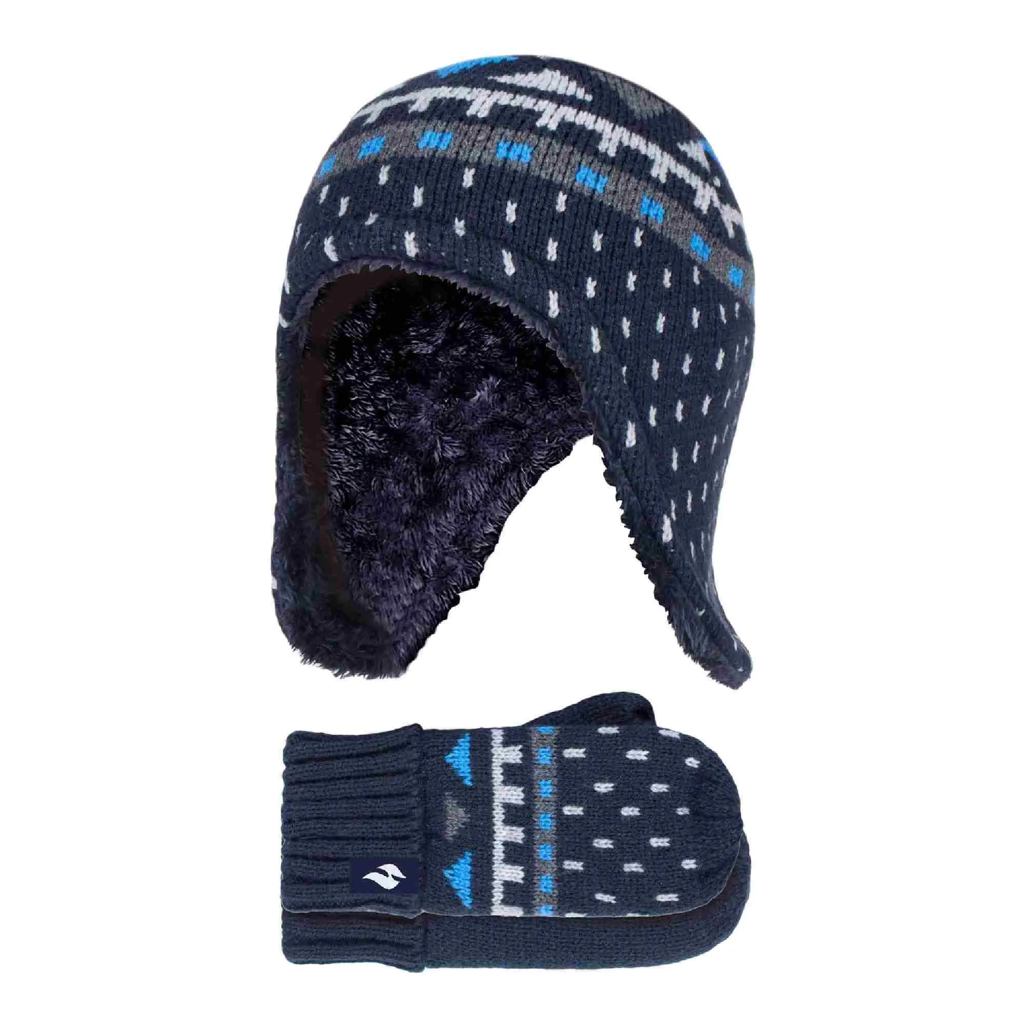 Boys Outdoor Thermal Winter Hat with Ear Flaps & Mittens Gloves Set