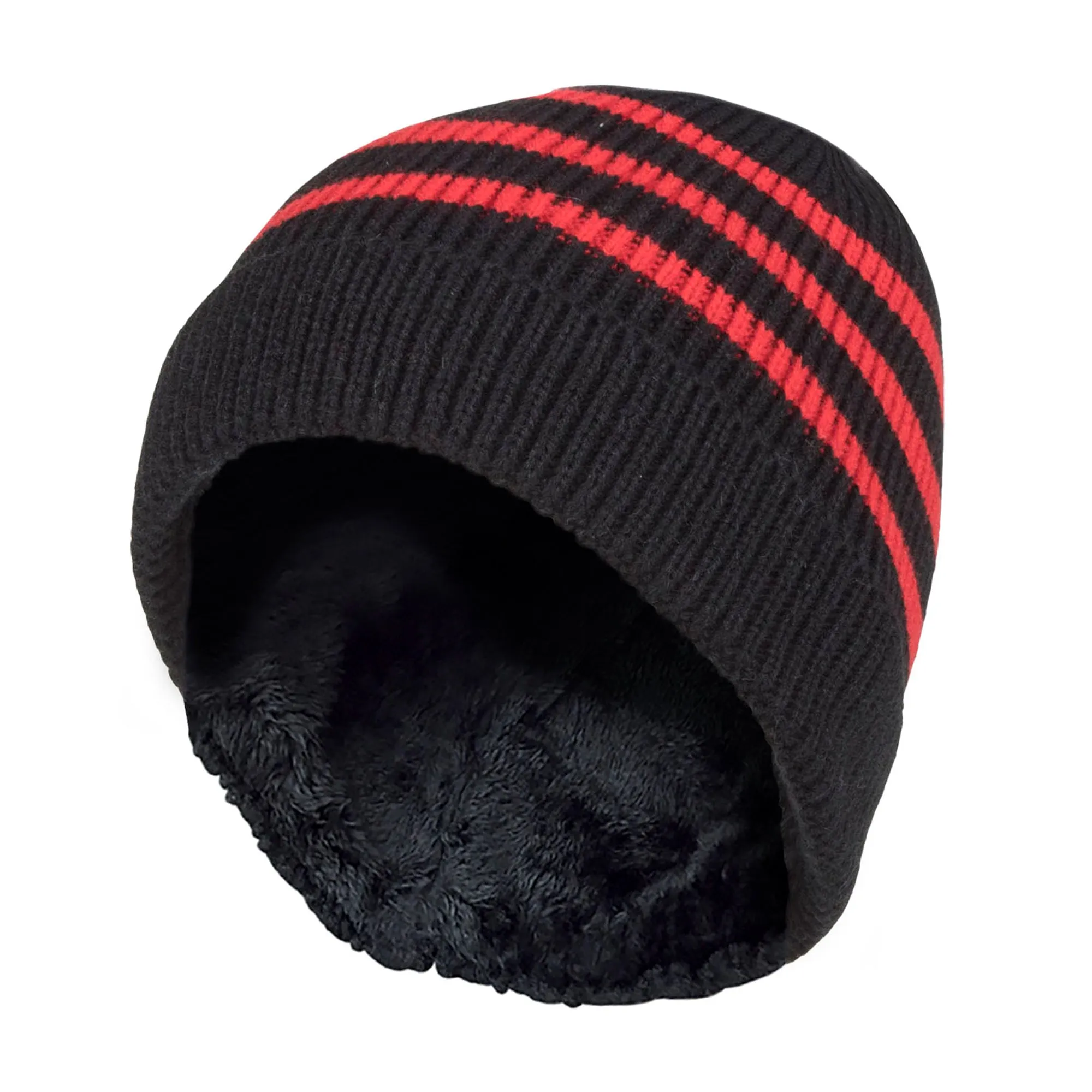 Boys Ribbed Knit Turnover Thermal Winter Hat with Stripes