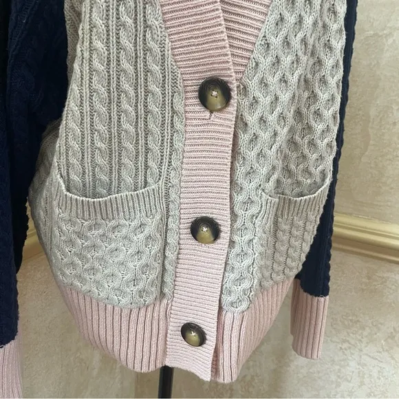 BP. Colorblock Cable Knit Button Front Cardigan Pink Blue Beige Sz L