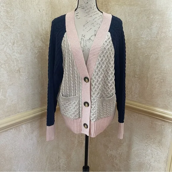 BP. Colorblock Cable Knit Button Front Cardigan Pink Blue Beige Sz L