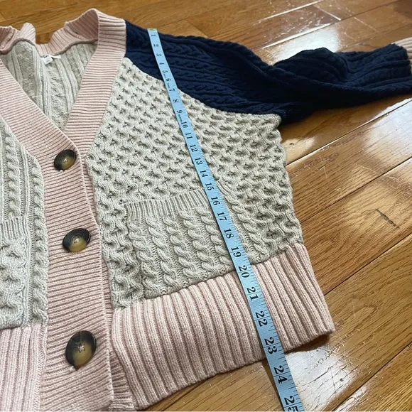 BP. Colorblock Cable Knit Button Front Cardigan Pink Blue Beige Sz L