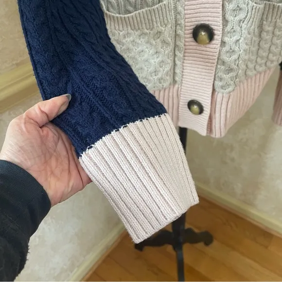 BP. Colorblock Cable Knit Button Front Cardigan Pink Blue Beige Sz L