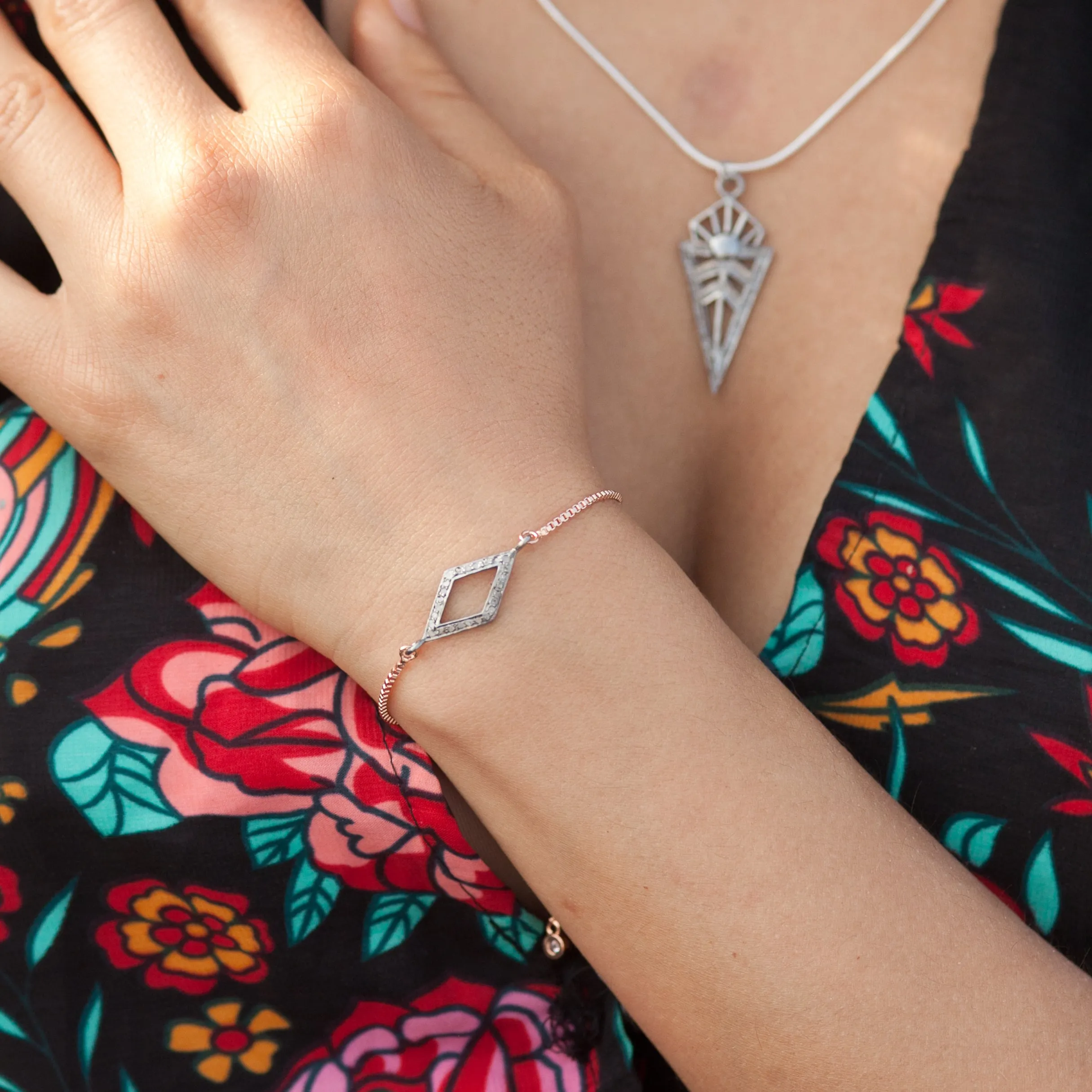 Bracelet with Diamond in Skewed Square Pave Setting with Rose Gold
