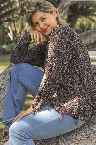 Brown Frayed Hem Cable Knit Round Neck Sweater